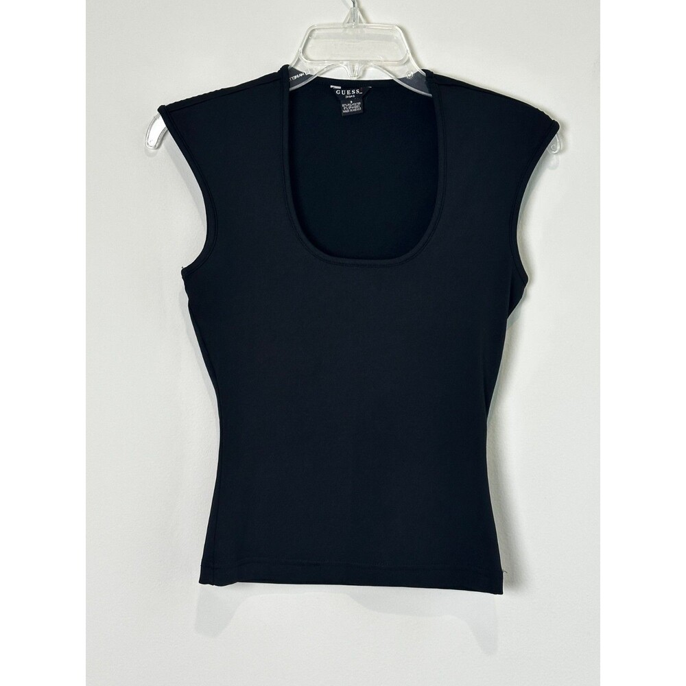 Vintage 1990s GUESS Scoop Neck Top Small Black Stretch Y2K Chic Retro Minimalist